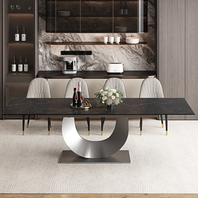 Ensemble de table de salle à manger extensible en fritté de 94,5 po avec 8 chaises en similicuir, ensemble de salle à manger de luxe moderne 9 pièces avec base en U en acier inoxydable