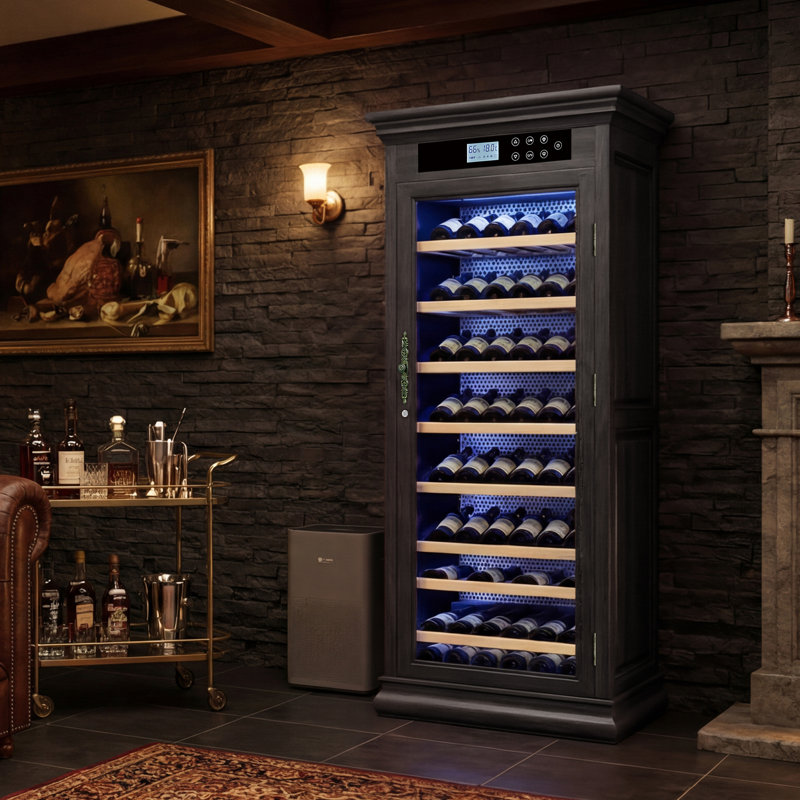 Armoire à vin autoportante, refroidisseur à vin élégant avec porte en verre résistante aux rayons UV, éclairage DEL et support de rangement