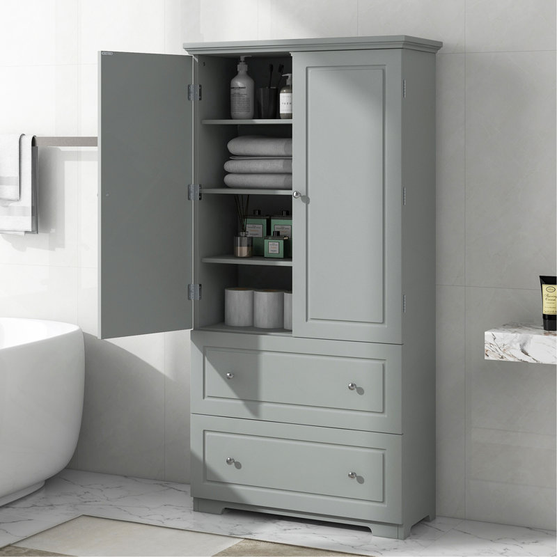 Wide Bathroom Storage Cabinet, Freestanding Storage Cabinet With Two Drawers And Adjustable Shelf, MDF Board With Painted Finish, Grey