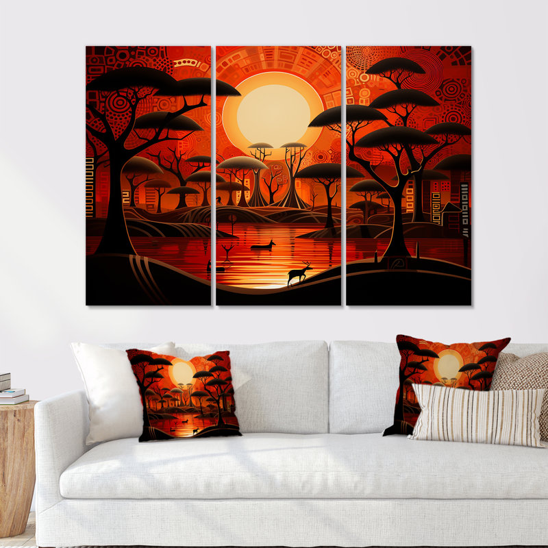 Pleine lune magique, ensemble de salon art mural africain, H 28 po x l 36 po x P 1 po, Toile tendue