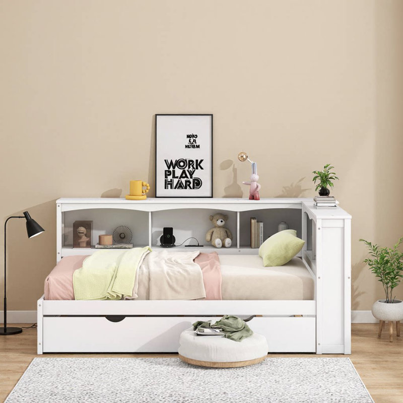 Twin Size White Daybed with Trundle, Storage Cabinets, USB Ports & Solid Wood Construction, White