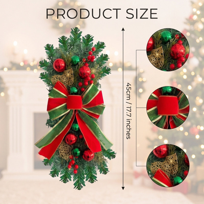 2 décorations de Noël pour la porte d'entrée : guirlande de 45 cm avec boules, ruban, pommes de pin et formes de larme, en pin artificiel, pour mur, fenêtre ou cheminée.