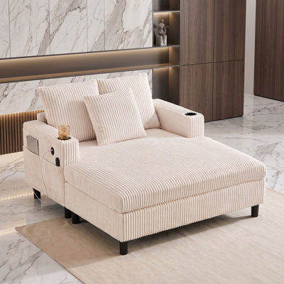 Chaise longue moderne en velours côtelé moderne avec lumières DEL RVB, chargement USB et porte-gobelets