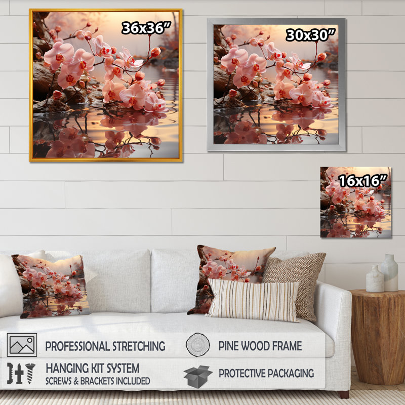 Orchidées dans des teintes d'améthyste poussent le long de l'eau sur toile, Cadre simple blanc, H 30 po x l 30 po x P 1 po