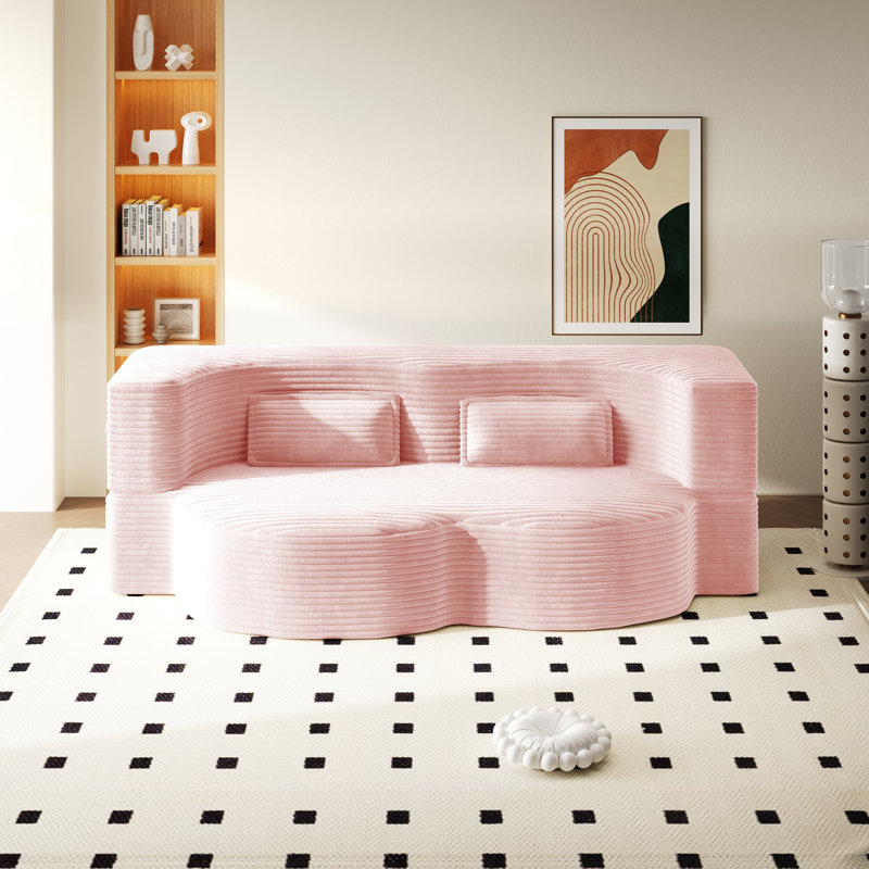 Evren Boneless Modern Minimalist Compression Convertible Floor Sofa Bed with Pillows, Corduroy Baby Pink