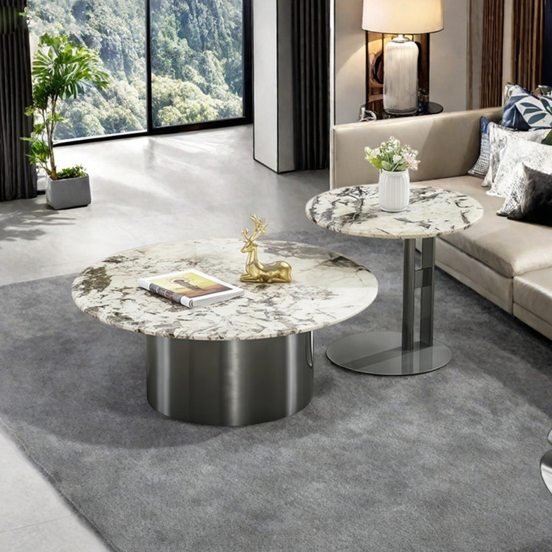 Ensemble de tables basses rondes en marbre, H 13,8 po x L 31,5 po x l 31,5 po, Beige / gris, Gris