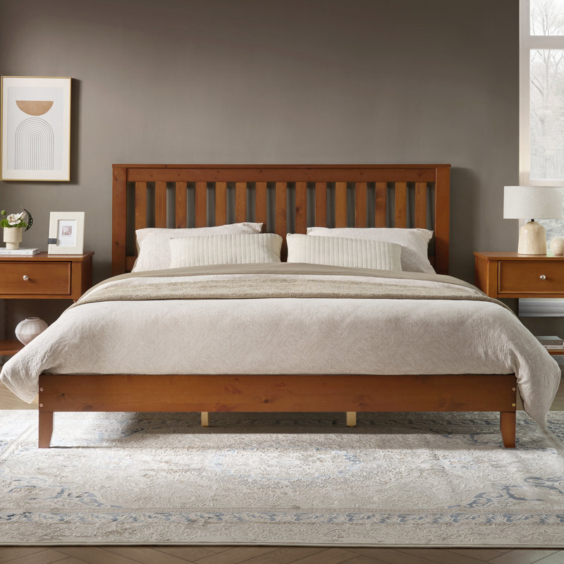  Solid Wood Queen Bed With Grille Headboard, Walnut