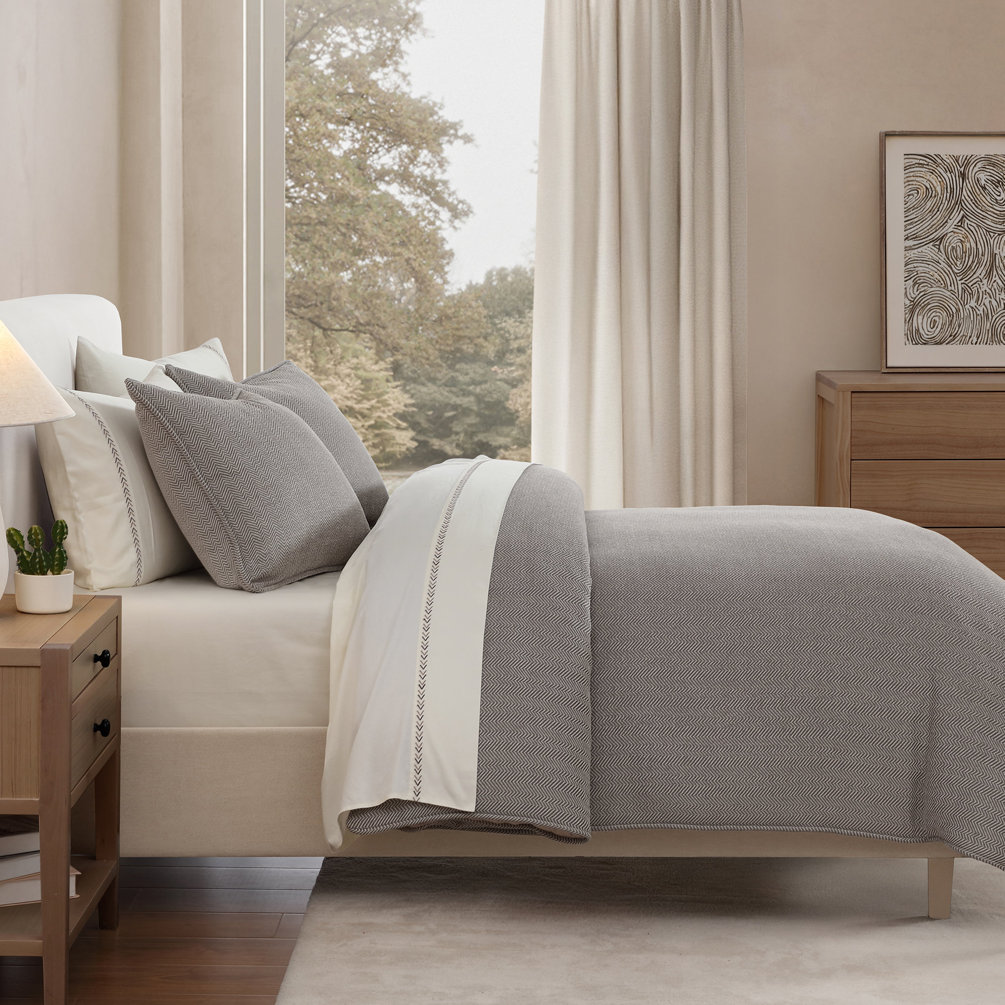 Chenille Herringbone Classic Modern Rustic Twill Woven 3 Pieces Comforter Set, Taupe, King Comforter + 2 King Shams