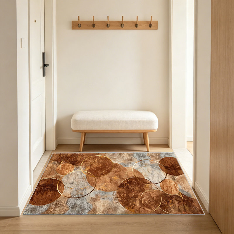 Terracotta & Gold Circular Abstract area rugs for Living Room, Soft and Comfortable, Suitable for all seasons, easy to maintain, machine washable Indoor floor mat, Under Table Farmhouse suitable for Bedroom, Dining Room, Study, Patio, Balcony, Home Decor