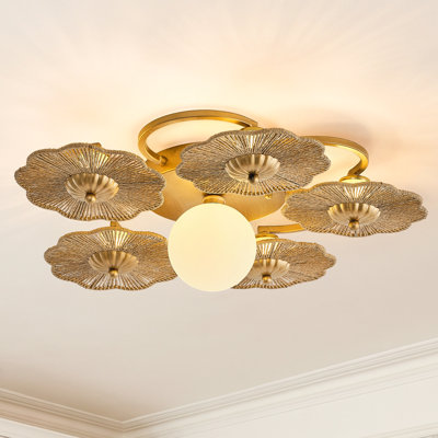 24" Boho Handwoven Raffia Distressed Gold Flush Mount Ceiling Light, Low-Profile Floral Light For Bedroom Living Room