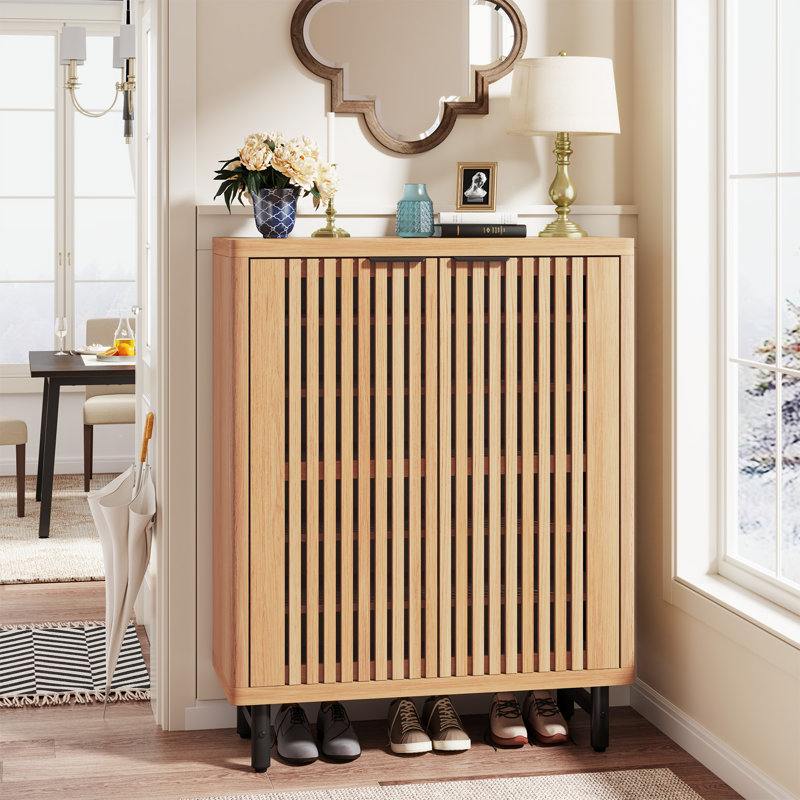 Acanthe 24 Pair Shoe Storage Cabinet with 2 Shutter Doors, Light Brown