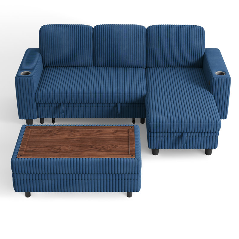 Sherry L Shaped Corduroy Sleeper Sectional With Storage Chaise , Ottoman And USB Charging, Soren Navy Corduroy