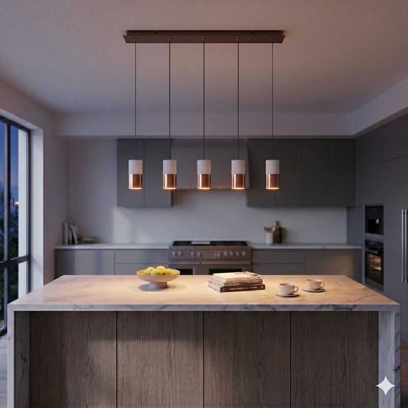 Luminaire suspendu linéaire à 5 lumières pour îlot de cuisine Grecia, Blanc / cuivré