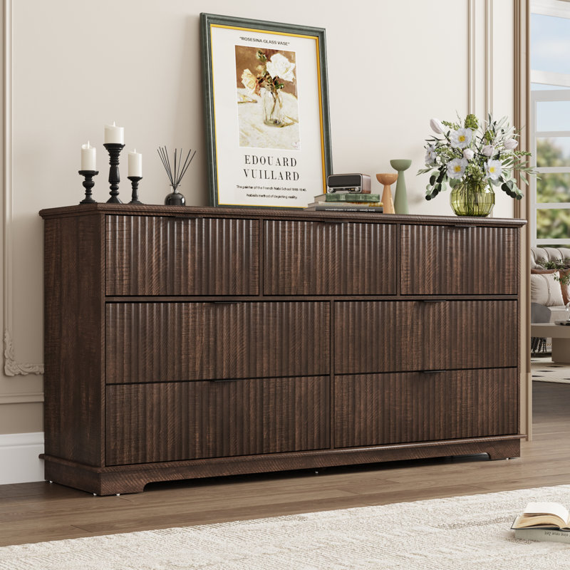 Modern Farmhouse 7 Drawer Dresser With Charging Station, 55" Wide Fluted Dresser Wooden Storage Cabinet For Bedroom, Living Room & Entryway
