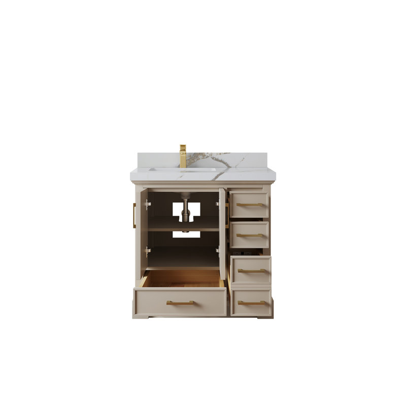 Ensemble de meuble-lavabo simple 36 po avec plateau en quartz Deeric, Or Calacatta