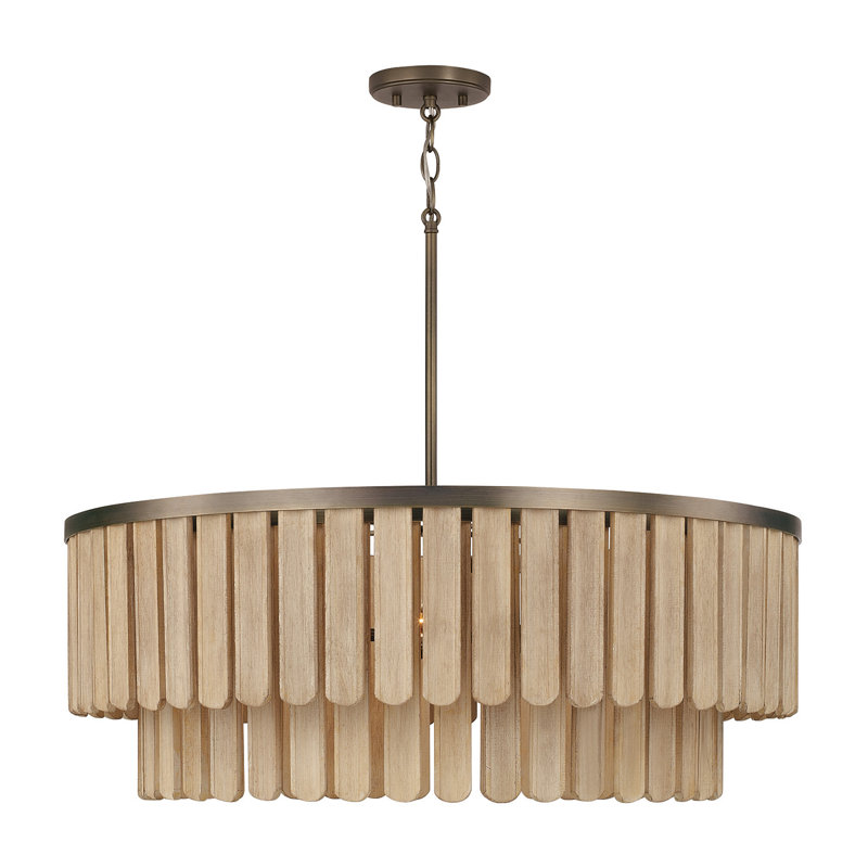 Luminaire suspendu 6 lumières en laiton foncé l 30 po x H 11 po avec bois de manguier fabriqué à la main et teinte gris nordique