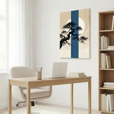 Pin japonais et lune, reproduction d'art sur toile tendue sur toile avec rayure bleue de style zen minimaliste pour le salon, la chambre ou le bureau
