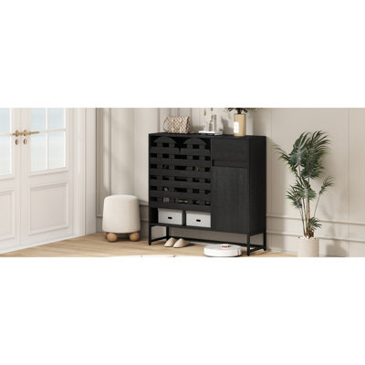 Tissé noir, armoire d'appoint, portes arquées, pieds en métal rouillé, tablettes réglables, salon, cuisine de salle à manger