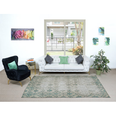 Tapis Oushak délavé à la main en beige et vert. Tapis de maison de campagne rétro et décor rustique