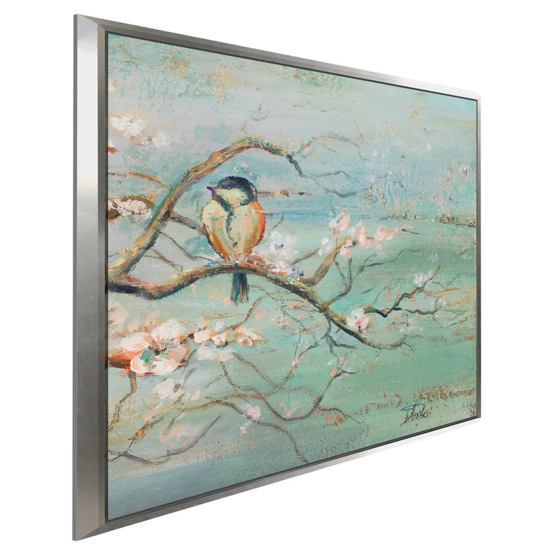 «Spring Branch with Birds», reproduction de peinture acrylique, H 21,5 po x l 21,5 po x P 2 po, Cadre flottant argent
