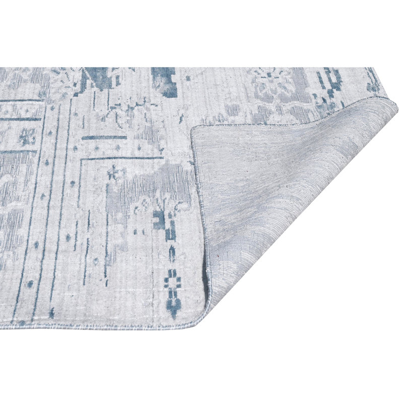Tapis gris / bleu noué à la main de haute qualité, Rectangle 6 pi x 9 pi