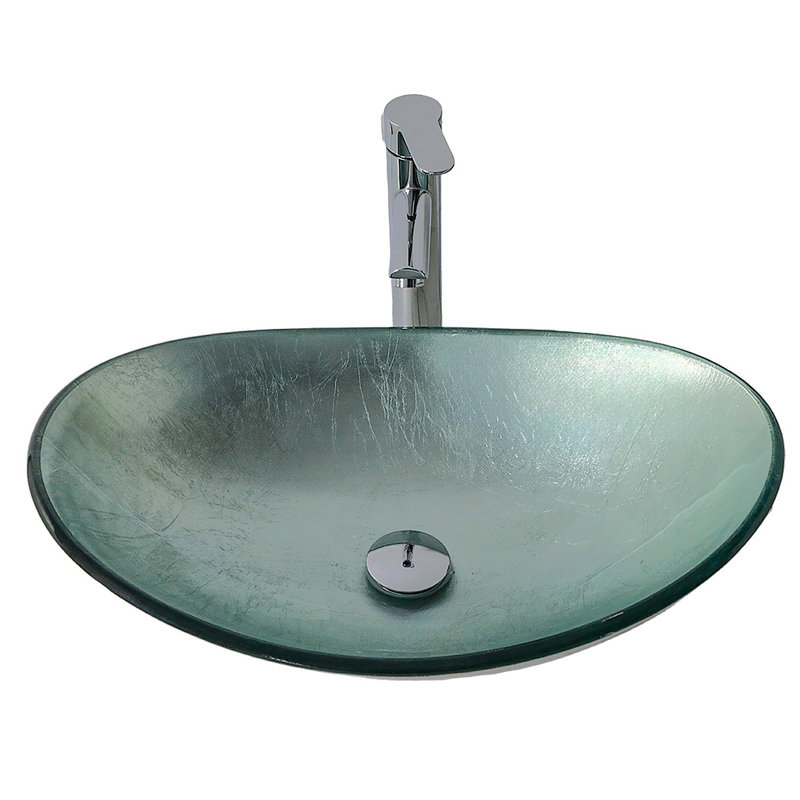 Lavabo de salle de bain vasque argenté en verre trempé pour salle de bain avec drain escamotable chromé, lavabo de salle de bain argenté en forme de bateau au-dessus du comptoir (sans robinet)