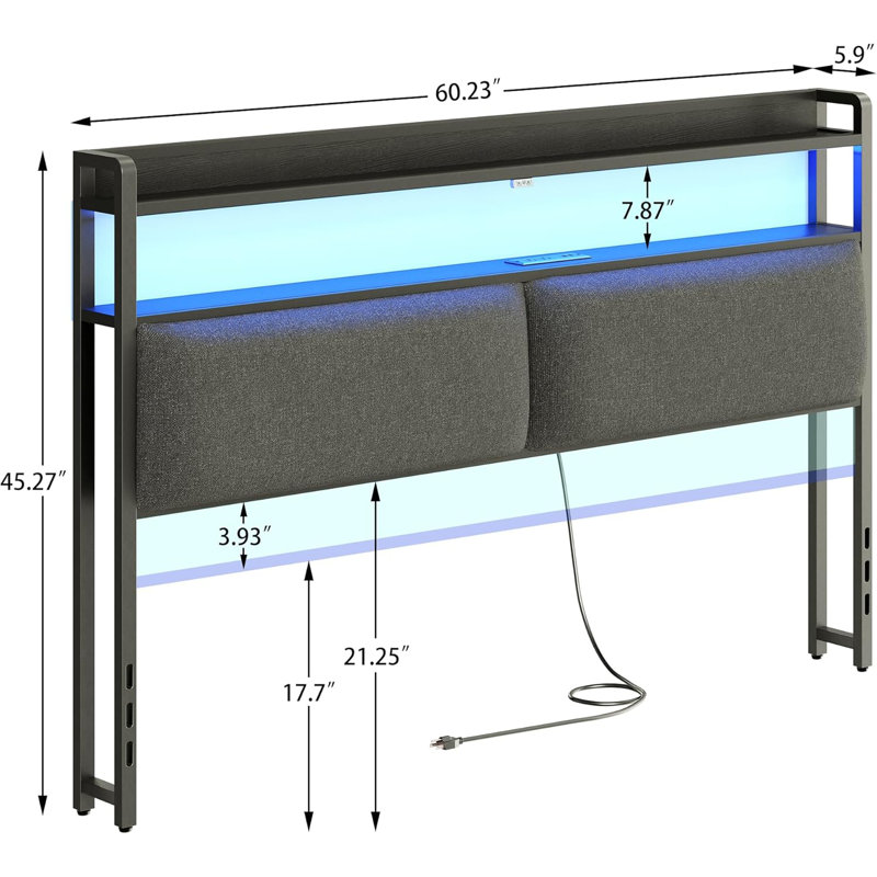 Headboard For Bed Frame, Headboards With Outlets, USB Ports And 60,000 DIY Color LED Light, Upholstered Head Board With Storage, Height Adjustable, Black