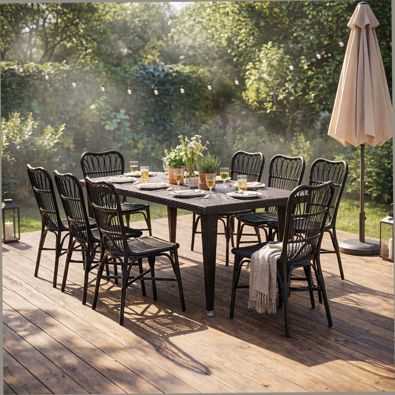 Ensemble de salle à manger 9 pièces en osier pour l'extérieur, grande table moderne en rotin de 73,50 po et chaises pour 8 pour patio, terrasse, cour arrière, porche, brun et noir