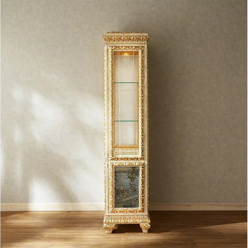 Karlisha Solid Wood Lighted China Cabinet, Antique Gold/Ivory