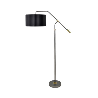 Lampe sur pied en métal poli gris de 165 cm de hauteur avec abat-jour cylindrique en lin noir