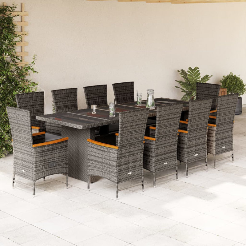  Ensemble de salle à manger de jardin PE rotin gris, acier thermolaqué, verre trempé, 11 pièces: table, 9 chaises
