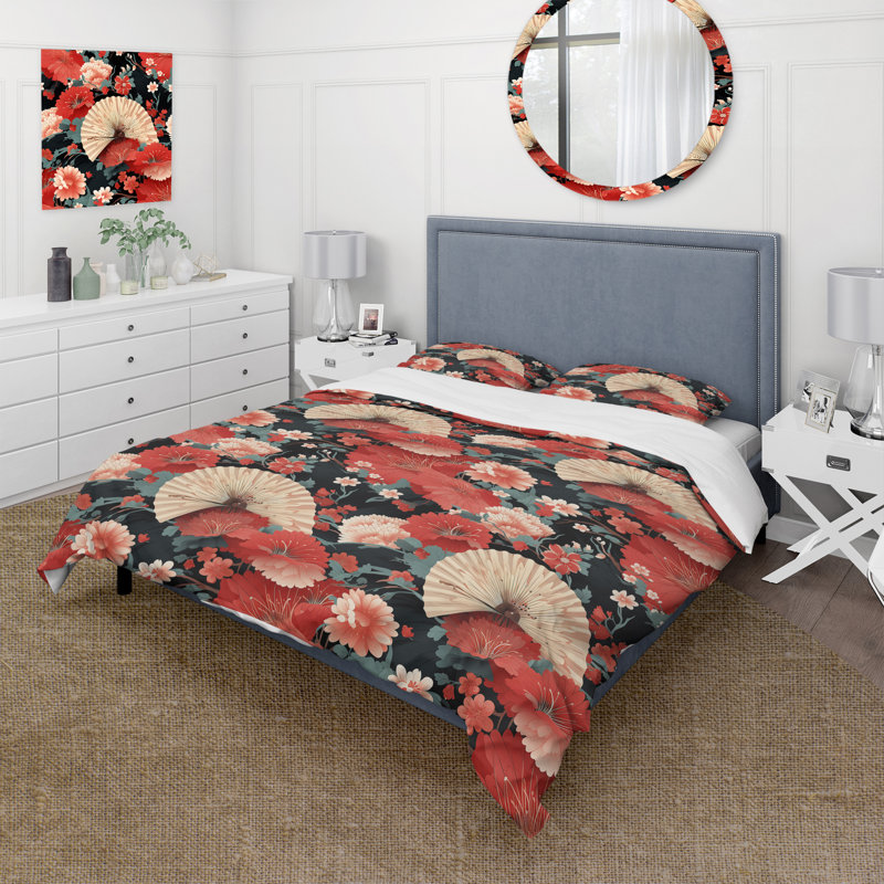 Ensemble de housse de couette Red Geisha, Housse de couette pour grand lit et 2 taies décor