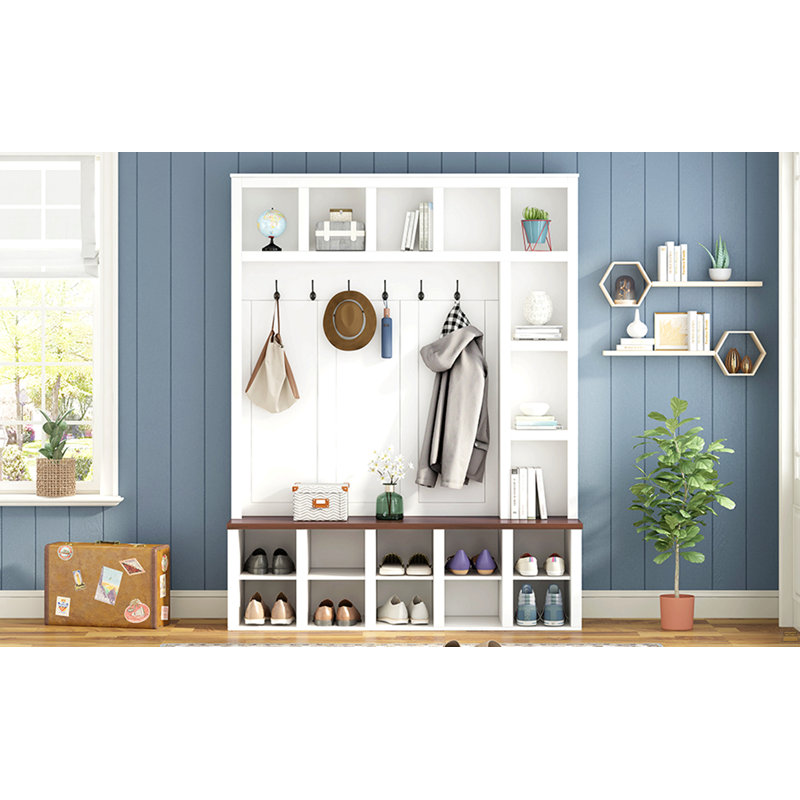 Arbre d'entrée en bois Farmhouse avec 6 crochets, banc de rangement en noyer avec tablettes réglables, armoire à chaussures d'entrée 4 en 1 avec casiers