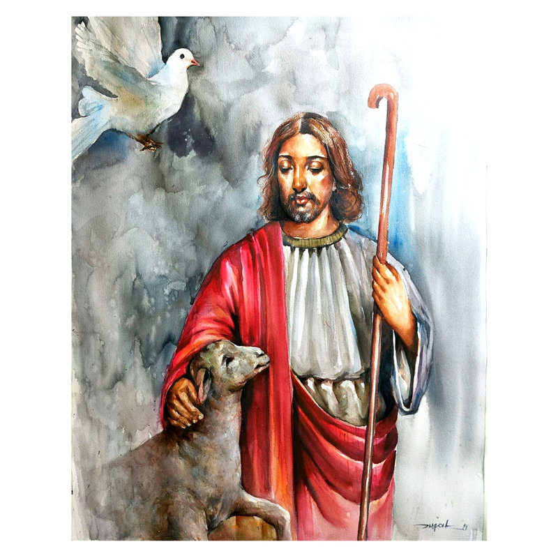 Jésus-Christ se douchant sur un agneau | Aquarelle | Peinture de Jugal Sarkar
