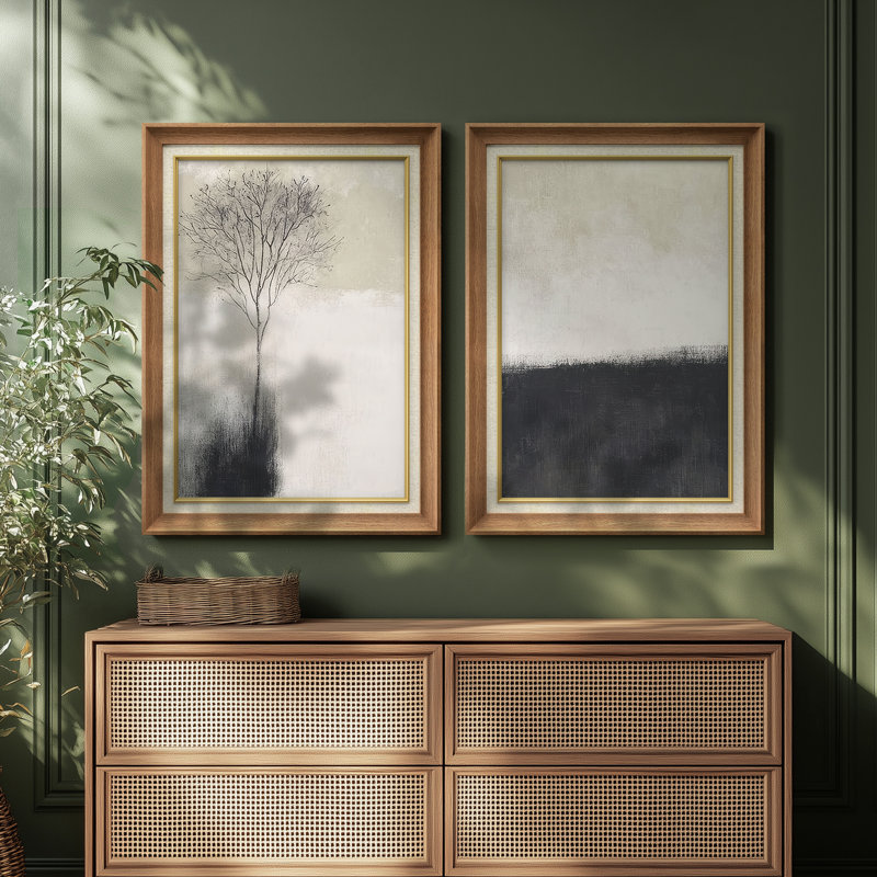 «Minimalist Winter Tree Modern Neutral Landscape in Beige and Black Home Decor», ensemble de 2 reproductions d'art mural encadrées de qualité supérieure sur papier 26 po x 36 po