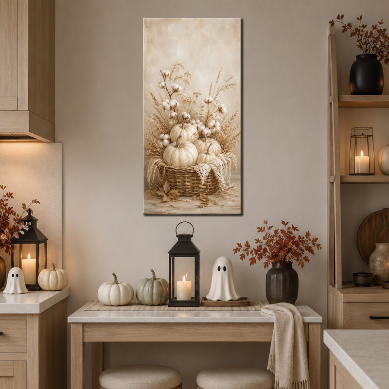 «Neutral Fall», art mural rustique sur toile citrouille blanche 20 x 40, 20 x 40 pouces