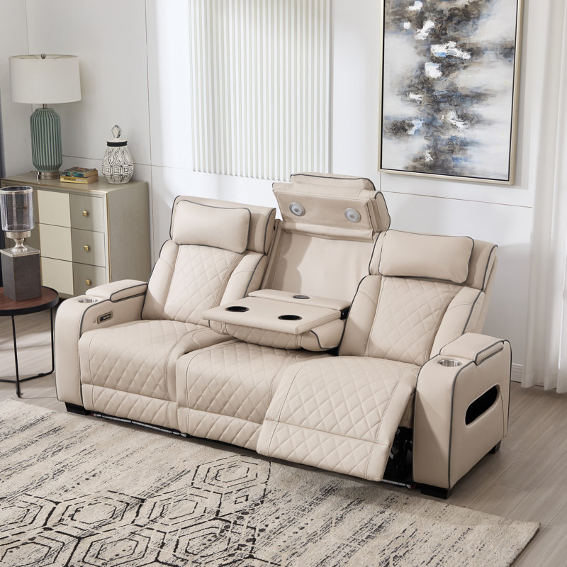 Faux Leather Electric Reclining Sofa, Beige, 3
