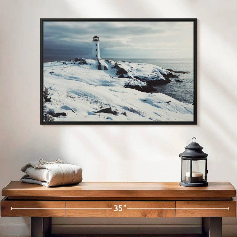 Hiver au phare de Peggy Point, 25 po x 17 po, Cadre flottant noir