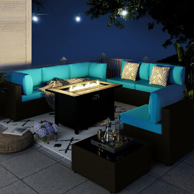 Bushrah 8-Piece Outdoor Patio Seating Group with Fire Pit Table