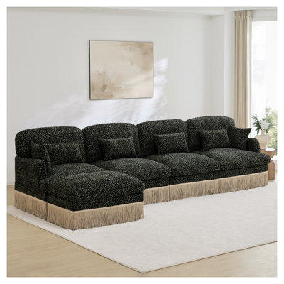 Canapé modulaire en forme de L de 131 po avec garniture de pampille et repose-pieds mobile, canapé modulaire à imprimé léopard vert 131 po