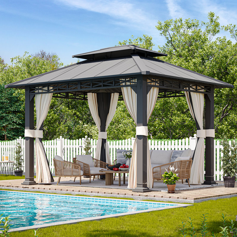 10' x 12' Gray Aluminum Hardtop Patio Gazebo with Curtains