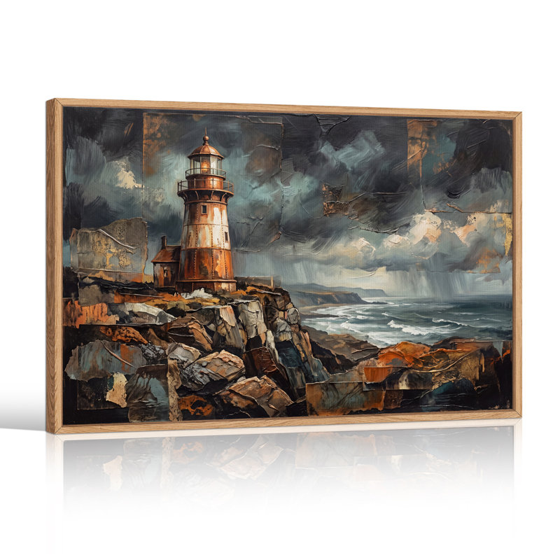 Tableau sur toile texturé représentant un phare rouillé sur une falaise rocheuse, idéal pour l'Halloween, H 32 po x l 48 po