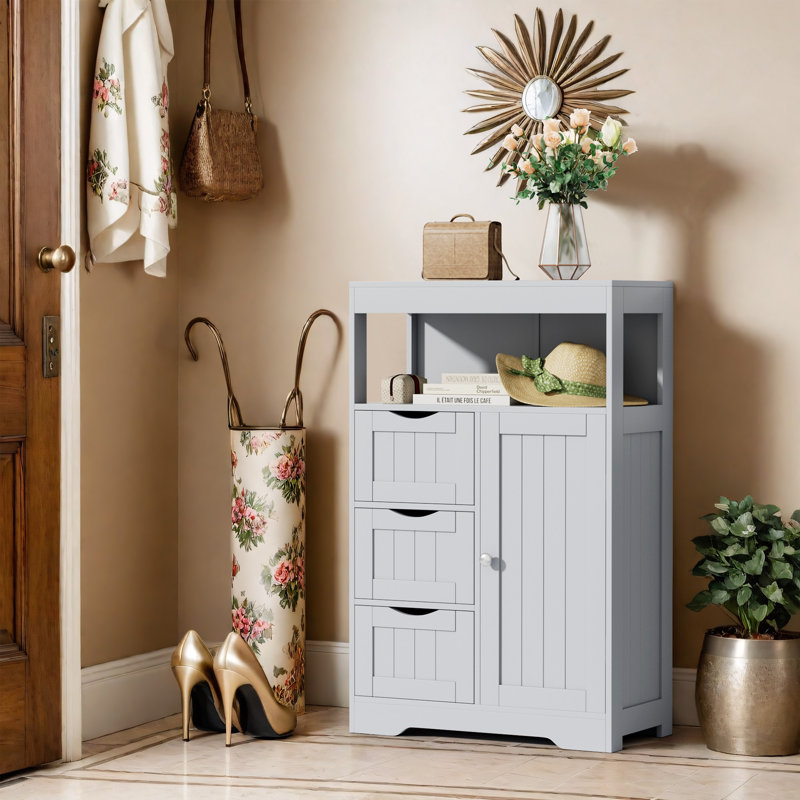 Bathroom Floor Cabinet, Wooden Free-Standing Storage Organizer with 1 Door and 3 Drawers, Bathroom Storage Cabinet for Living Room/Kitchen/Hallway/Home Office
