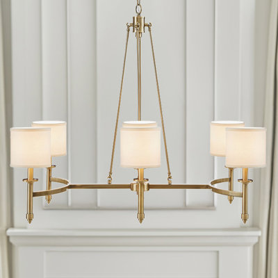 6-light Antique Gold Chandelier with Fabric Drum Shades