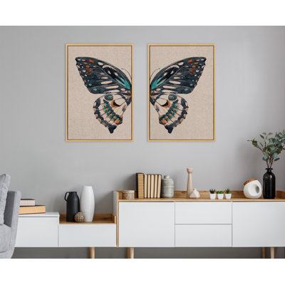 «Boho Butterfly Watercolor Diptych Neutral Lin» par The Creative Bunch Studio, ensemble d'art mural sur toile encadrée
