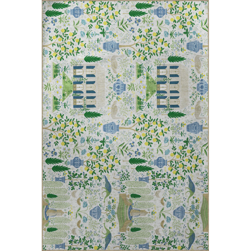 Light-Toned Multi-Coloured Garden Design Lemon Tree and House Patterned Modern Decorative Rug, Rectangle 3'3" x 4'11"