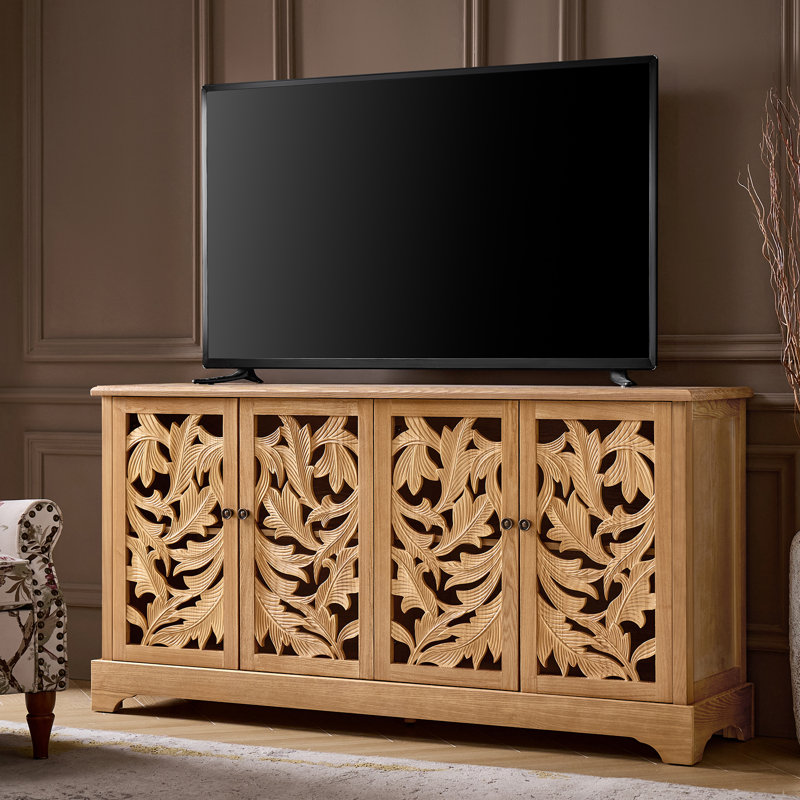 Jordan Traditional 63"Wide 4 Door Vintage Solid Carved Sideboard with Cable Management, Oak