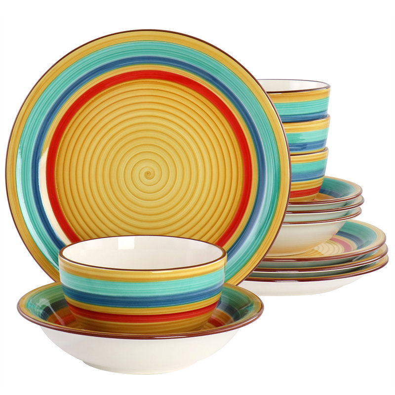 Service de table 12 pièces en grès multicolore jaune