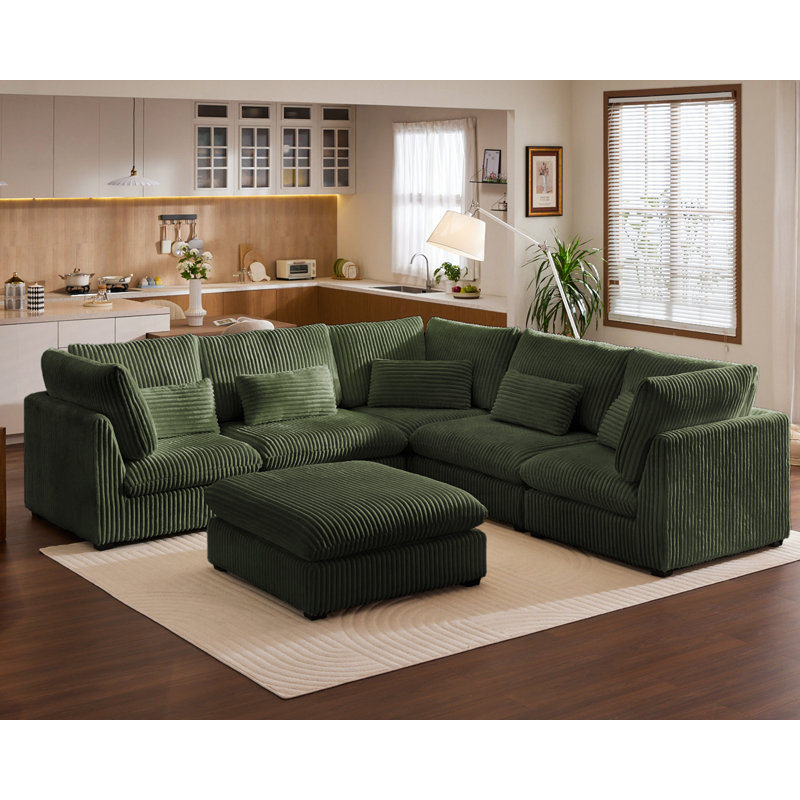 120" Oversized Modular Sectional, Cloud Corduroy Sofa Wide Deep Seat Couch, 5 Seater Large Sleeper Bed Plush Cushion with Convertible Ottoman Chaise for Lounge Modern Furniture Sets