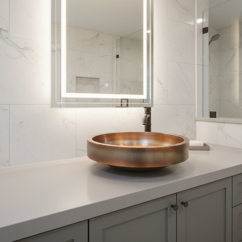 Ambiente 17" Round Copper Bathroom Sink – Hammered Bath Sink, Drop-In or Undermount Sinks, Compact Wash Basin, Premium Bathroom Sinks